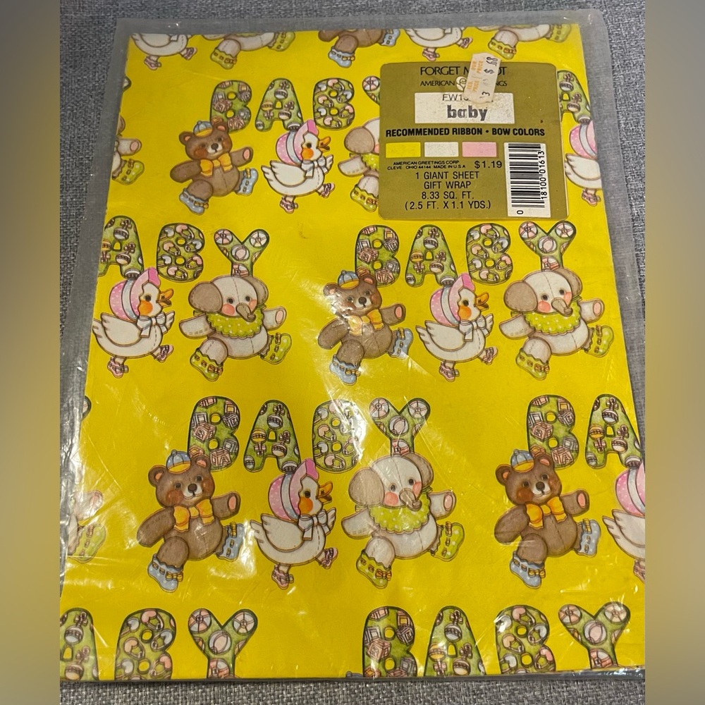 VTG Baby Forget Me Not American Greetings Gift Wrap Bear Duck Elephant